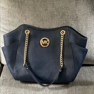 Michael Kors Dark Blue Shoulder Bag with Gold Accents